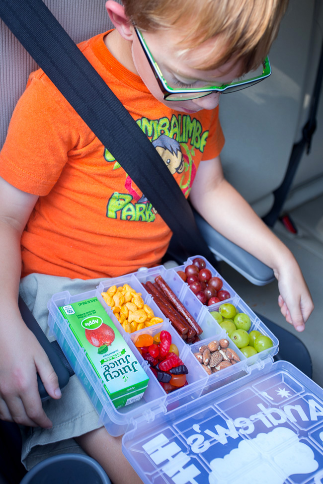 Road trip idea for toddler- tackle box with snacks